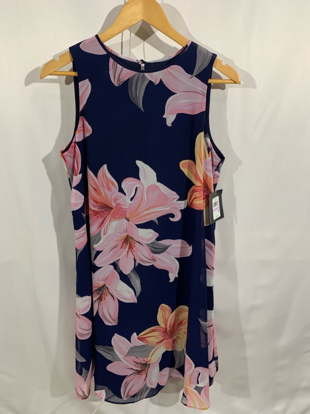 Navy Floral Sleeveless Shift Dress with Pink Lilies